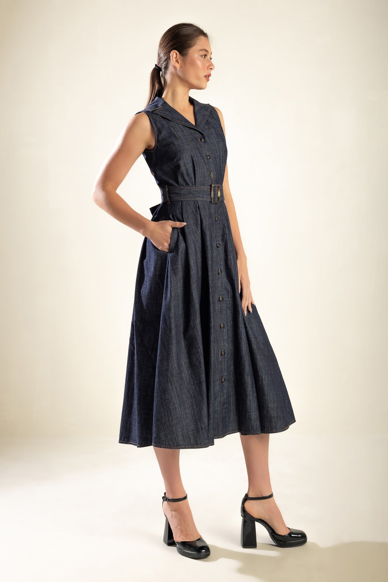 OASIS OF CALM RIGID DENIM MIDI DRESS Flying Tomato